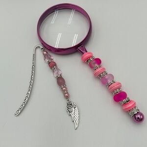Elegant Beaded Pink and Silver Bookmark & Magnifying Glass Set